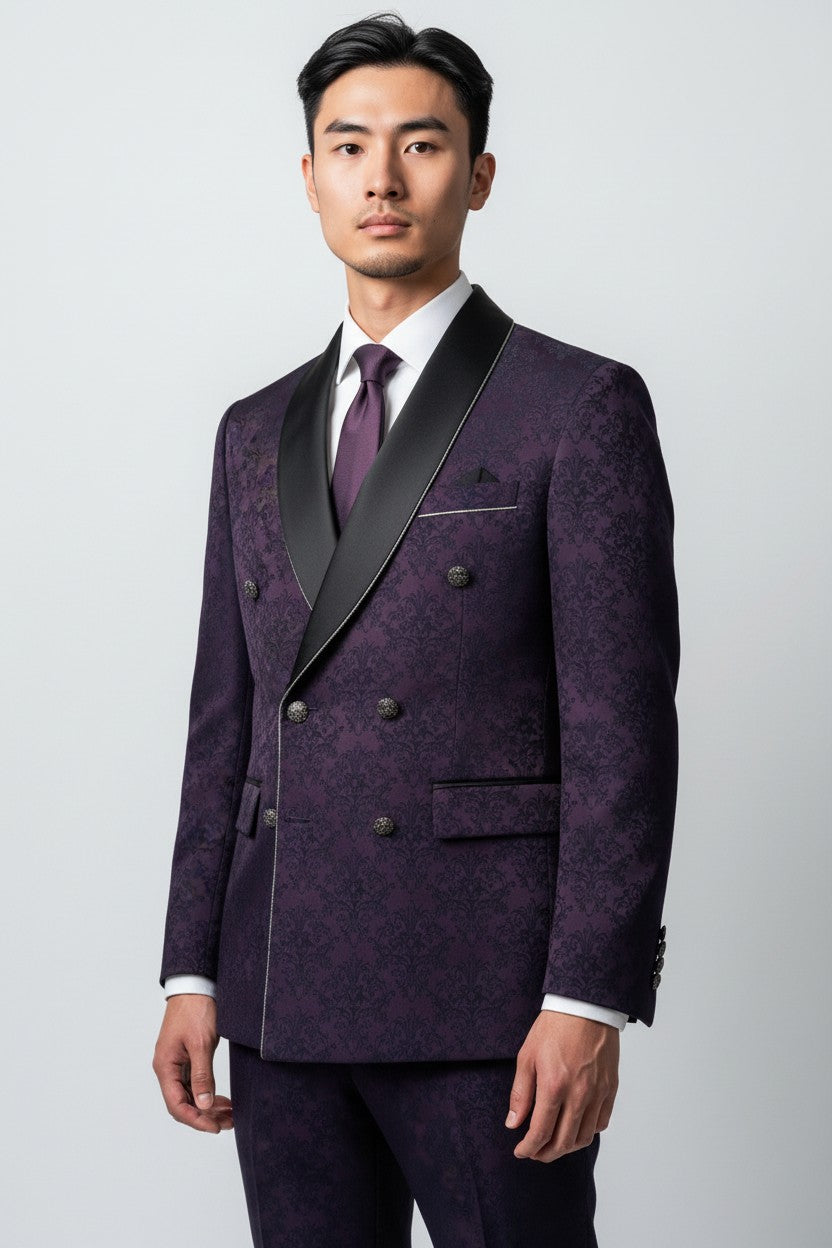 Men’s Purple Jacquard Double-Breasted Tuxedo with Black Shawl Lapel – Luxury Designer Blazer