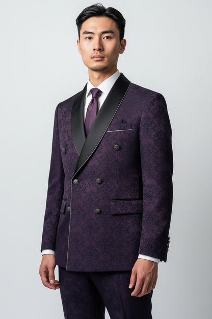 Men’s Purple Jacquard Double-Breasted Tuxedo with Black Shawl Lapel – Luxury Designer Blazer