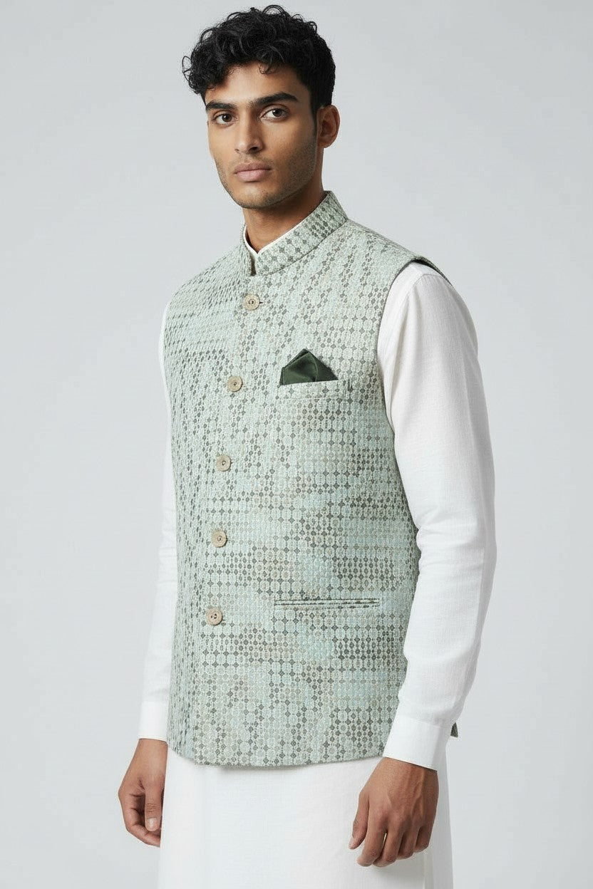 Men’s Mint Green Textured Pattern Nehru Jacket – Elegant Festive Wear