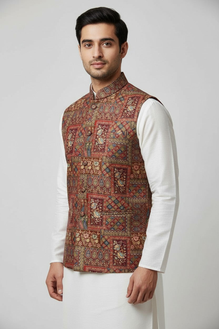 Men’s Maroon Multicolor Tapestry Printed Nehru Jacket – Designer Festive Wear