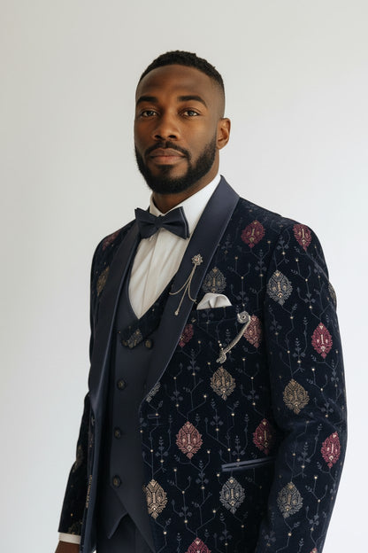 Men’s Navy Velvet Embroidered Tuxedo – 3-Piece Designer Shawl Lapel Set