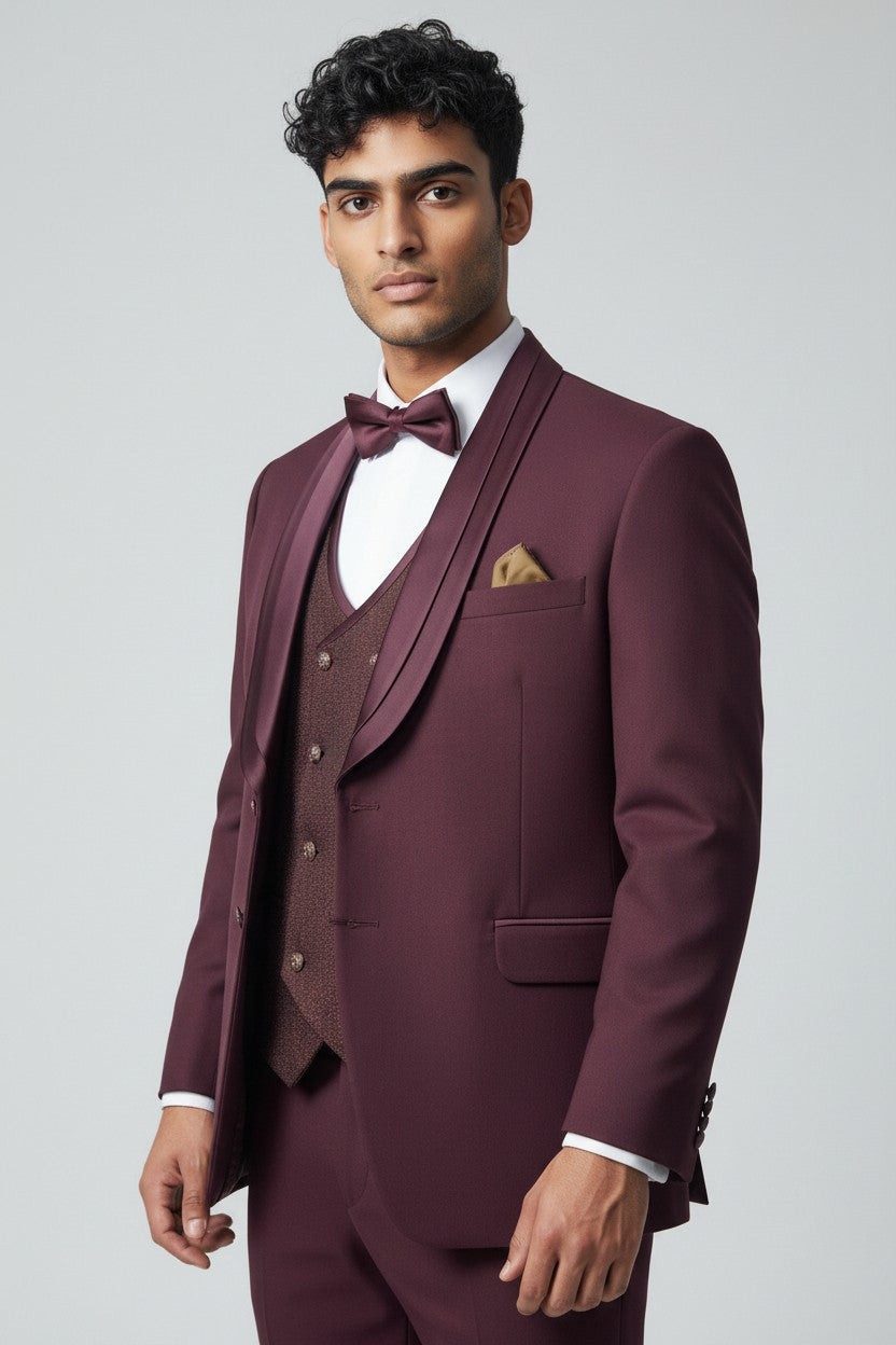 Men’s Burgundy 3-Piece Suit – Shawl Lapel Wedding & Formalwear Set