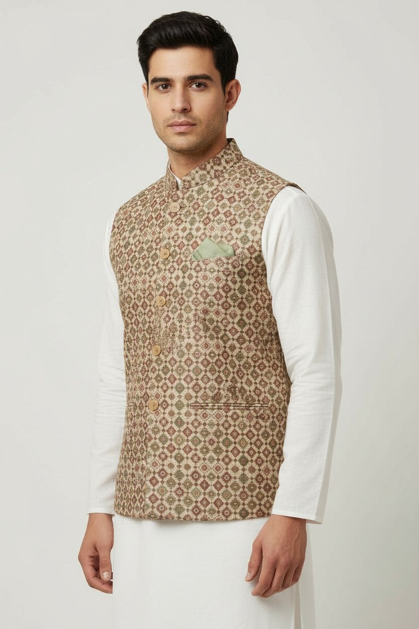 Men’s Beige & Maroon Mosaic-Pattern Nehru Jacket – Festive & Wedding Wear