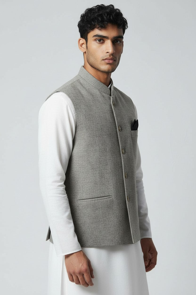 Men’s Light Grey Textured Nehru Jacket – Minimal Classic Ethnic Layer