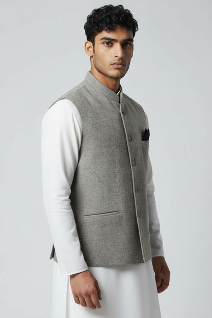 Men’s Light Grey Textured Nehru Jacket – Minimal Classic Ethnic Layer
