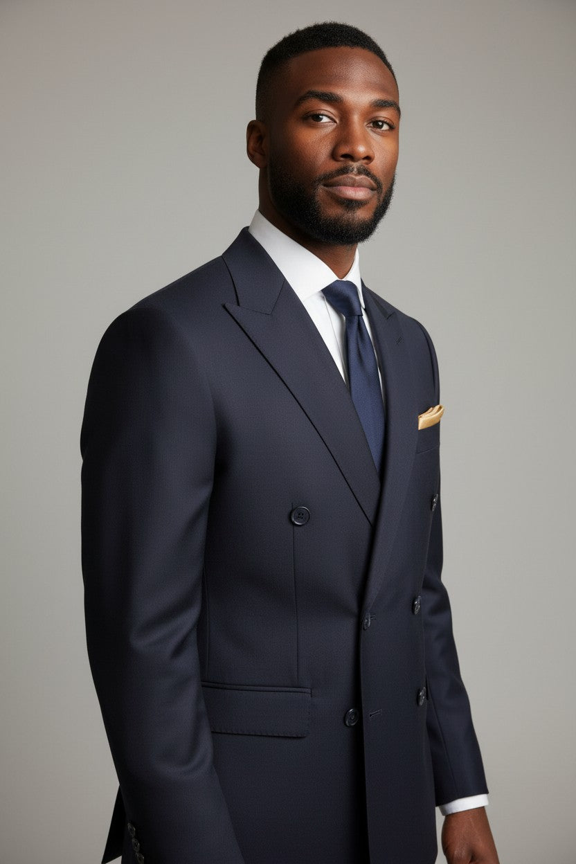 Men’s Navy Double-Breasted Suit – Tailored Peak Lapel Formalwear