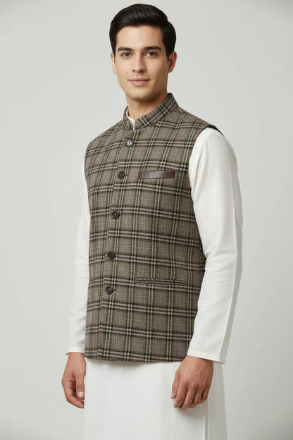 Men’s Brown Checkered Tweed Nehru Jacket – Vintage Plaid Winter Layer
