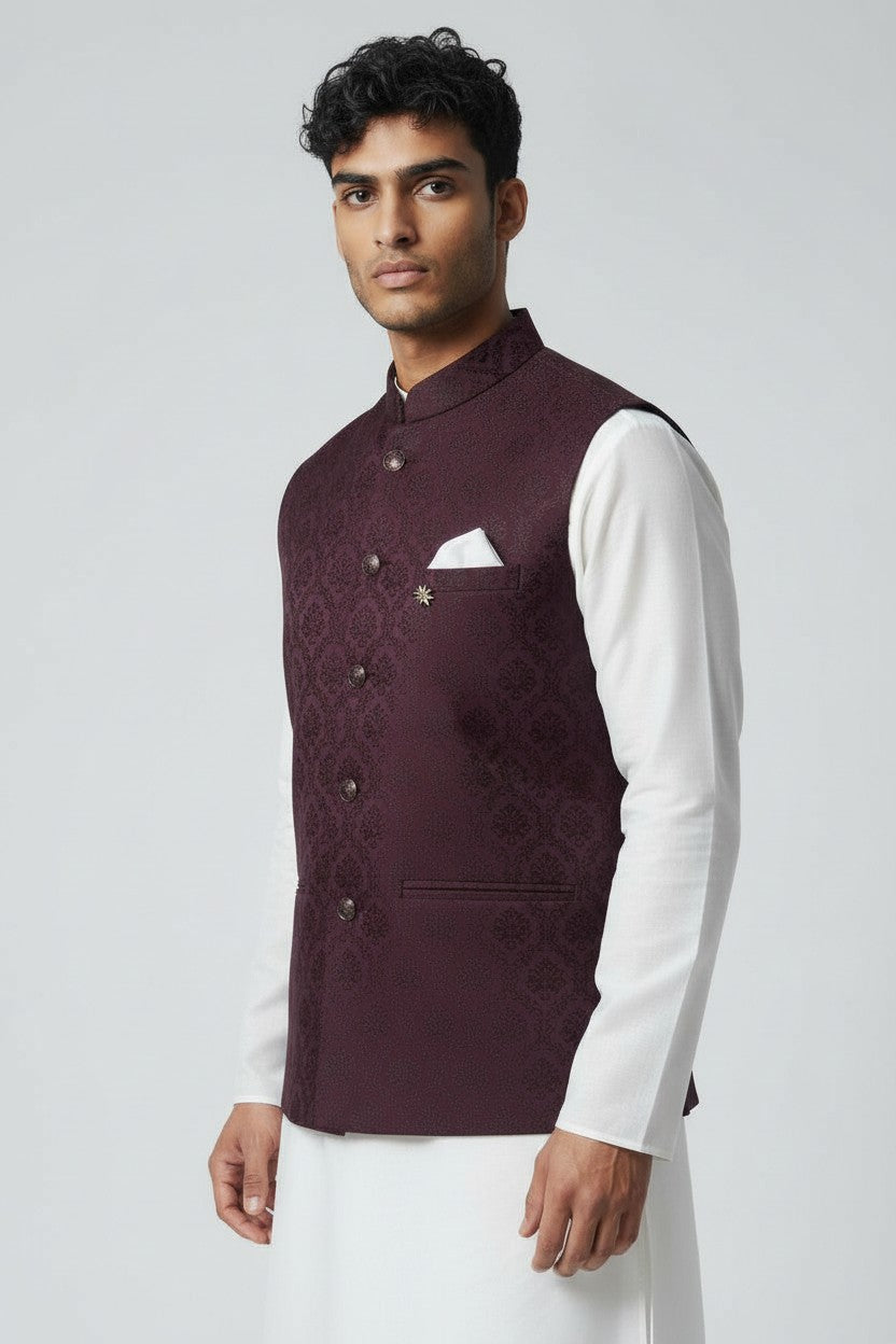 Men’s Deep Purple Jacquard Nehru Jacket – Royal Festive Waistcoat