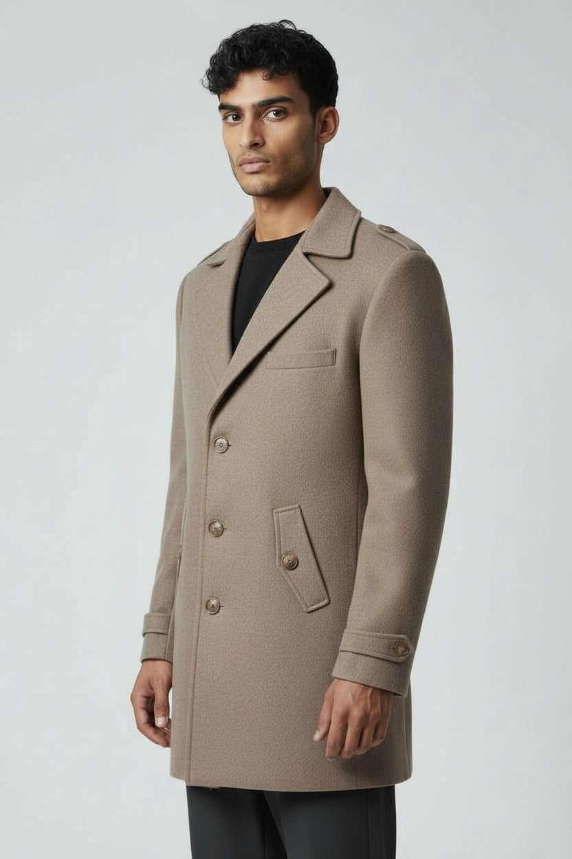 Men’s Taupe Wool Overcoat – Classic Tailored Winter Coat