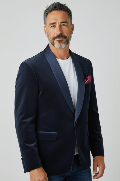 Men’s Navy Shawl Lapel Blazer – Elegant Tailored Evening Jacket