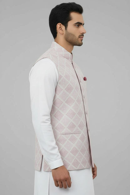 Men’s Pastel Pink Geometric Printed Nehru Jacket – Wedding & Festive Wear