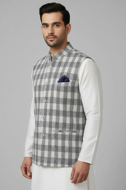 Men’s Grey Checkered Nehru Jacket – Classic Plaid Formal & Festive Wear