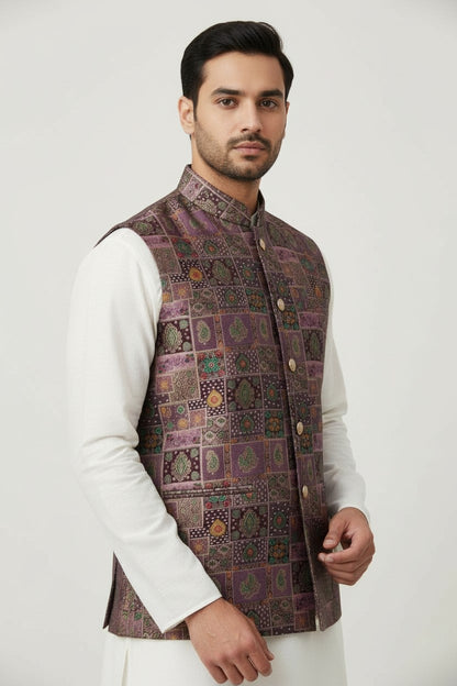 Men’s Multicolor Mosaic Printed Nehru Jacket – Designer Festive & Wedding Wear