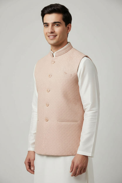 Men’s Pastel Peach Textured Nehru Jacket – Elegant Festive & Wedding Wear