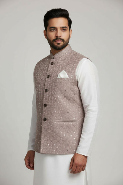 Men’s Dusty Rose Mirror-Embroidered Nehru Jacket – Luxe Wedding Wear