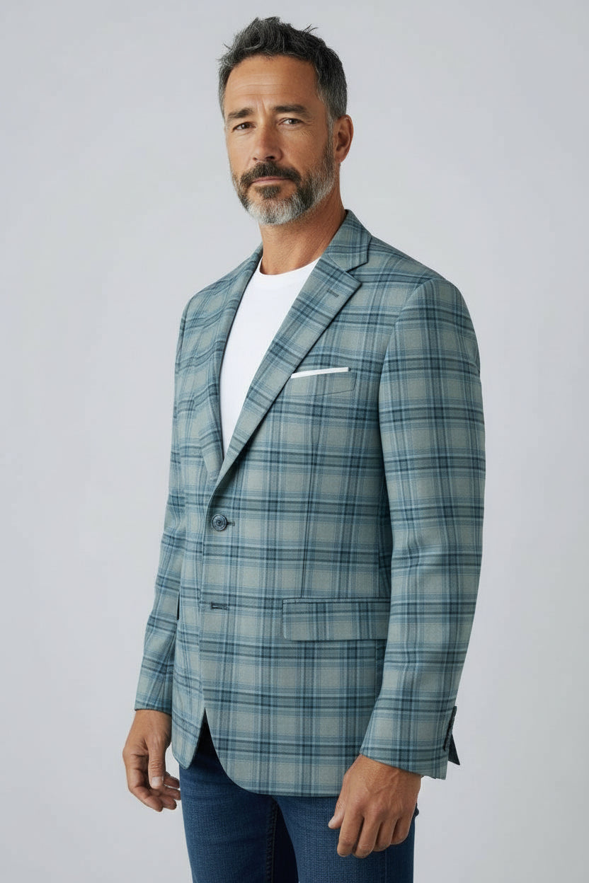 Men’s Sage Plaid Check Blazer – Modern Tailored Smart Casual