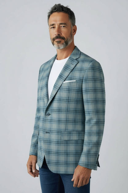 Men’s Sage Plaid Check Blazer – Modern Tailored Smart Casual