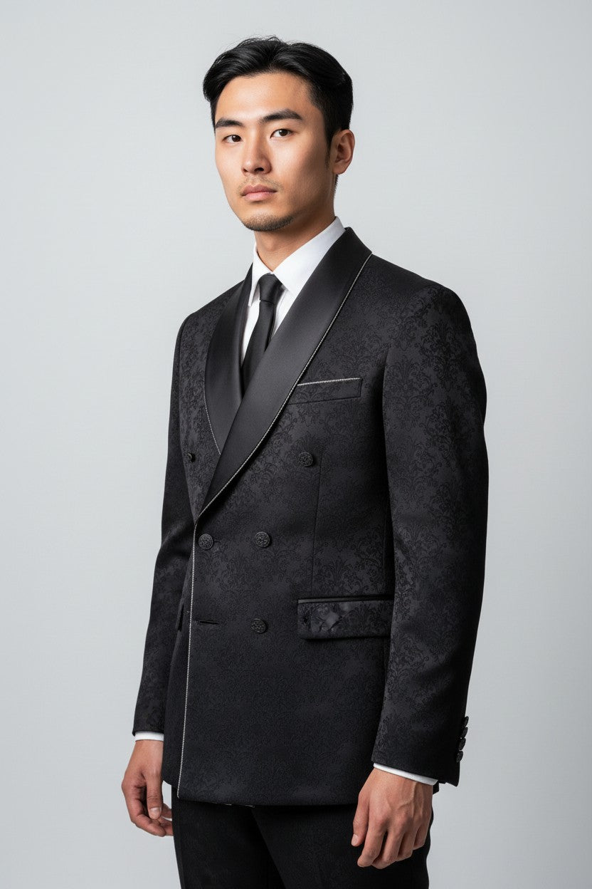Men’s Black Jacquard Double-Breasted Tuxedo – Luxury Formalwear