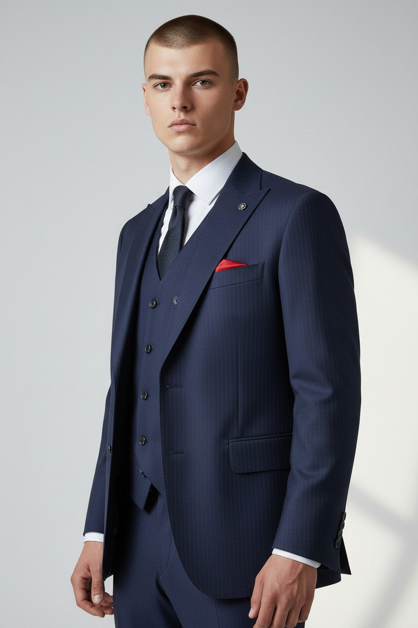 Men’s Royal Blue Stripe 3-Piece Suit – Tailored Fit with Matching Vest