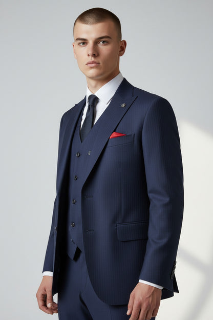 Men’s Royal Blue Stripe 3-Piece Suit – Tailored Fit with Matching Vest