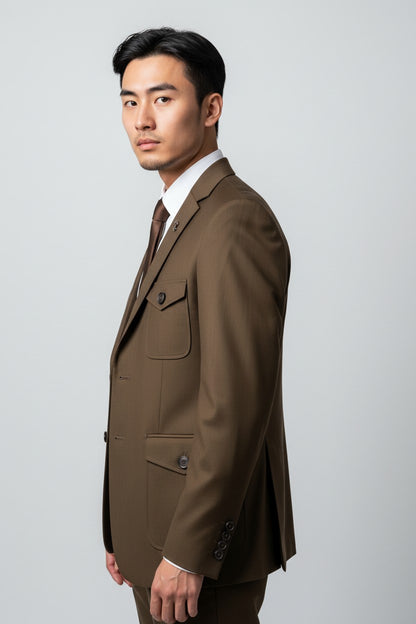Men’s Brown Safari Utility Suit – Modern 2-Piece with Flap Pockets