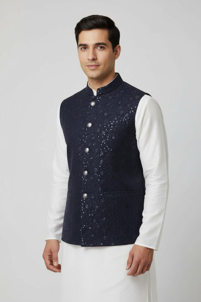 Men’s Midnight Navy Sequin-Embellished Nehru Jacket – Festive Jacquard Waistcoat