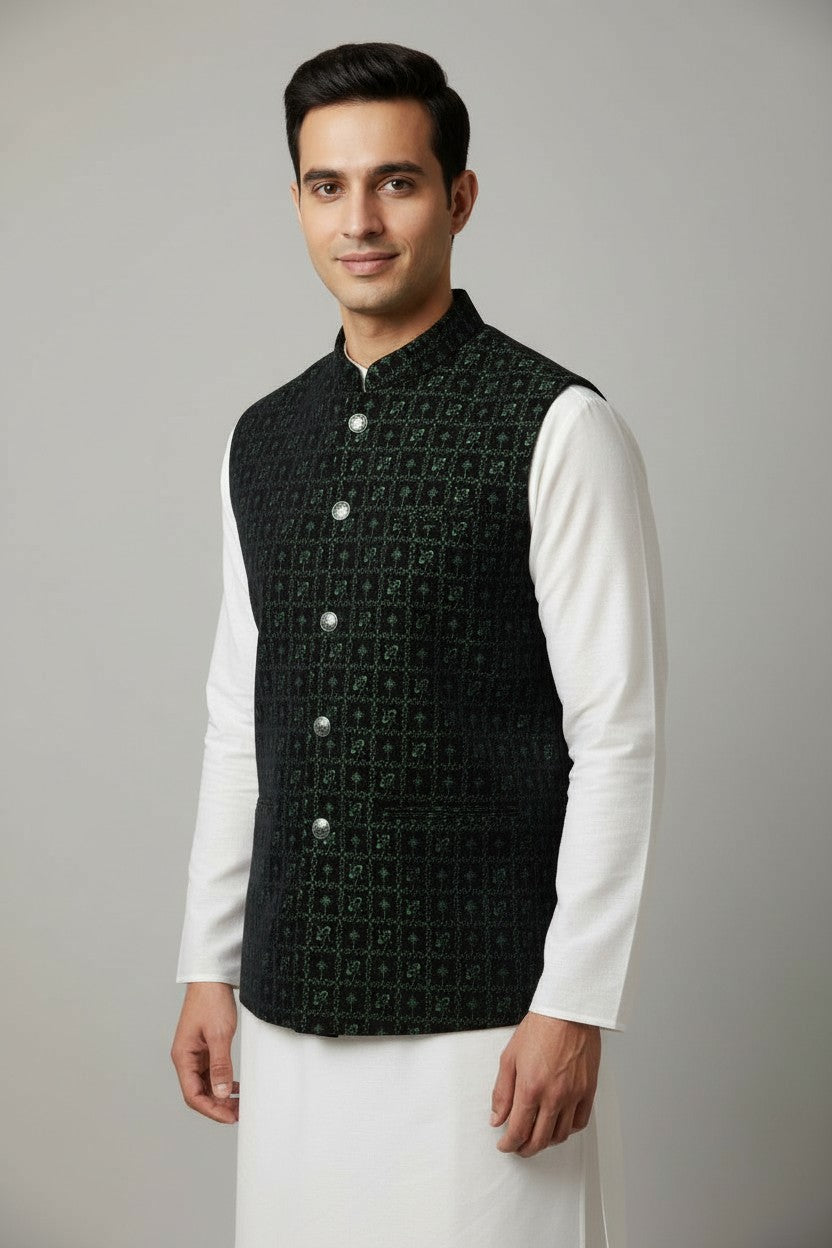 Men’s Dark Green Geometric Embroidered Nehru Jacket – Festive & Wedding Wear