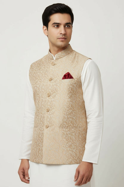 Men’s Beige Gold Jacquard Nehru Jacket – Classic Wedding & Festive Wear