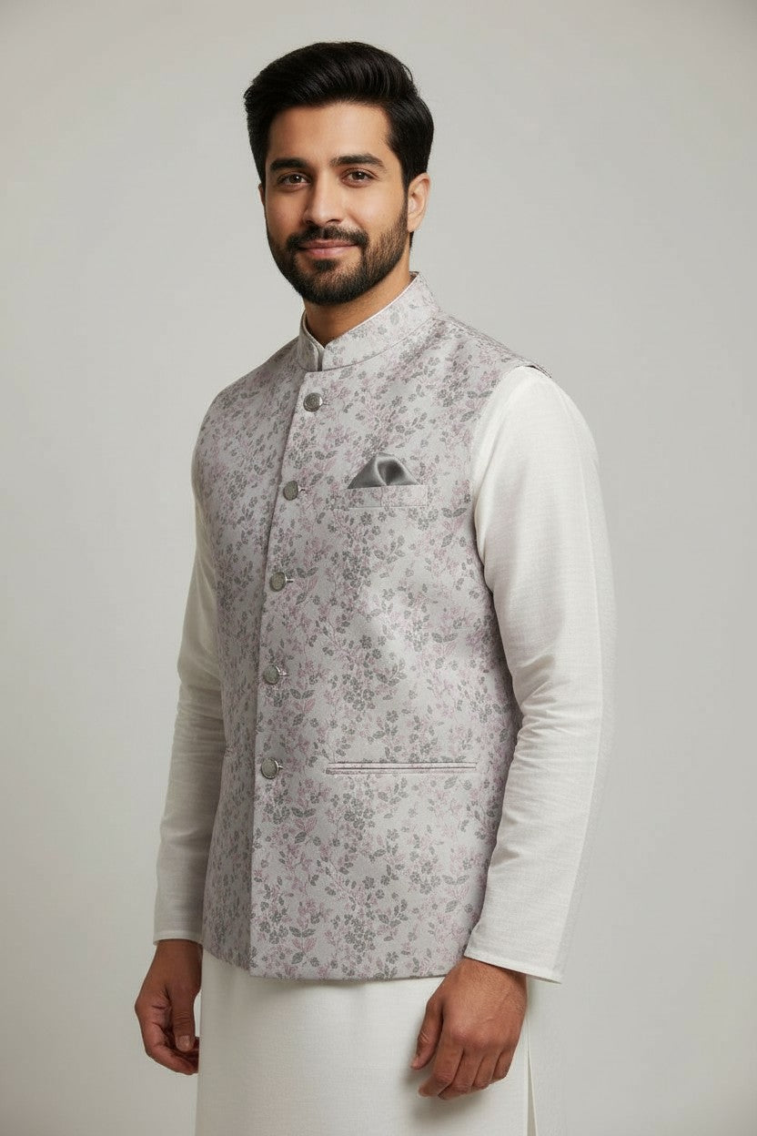 Men’s Pastel Floral Printed Nehru Jacket – Soft Pink & Grey Festive Wear