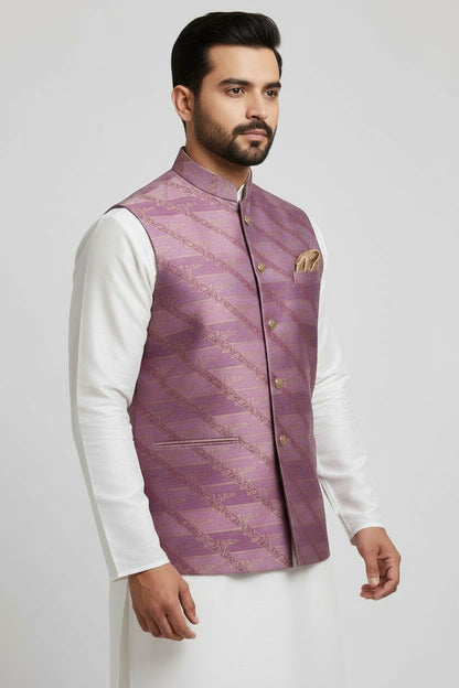 Men’s Mauve Gold Diagonal Brocade Nehru Jacket – Luxe Festive & Wedding Wear