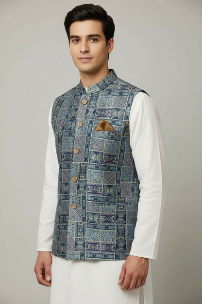 Men’s Blue & Purple Mosaic Nehru Jacket – Artisanal Festive Waistcoat