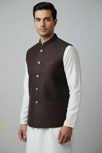 Men’s Chocolate Brown Sequin-Embellished Nehru Jacket – Elegant Festive Wear