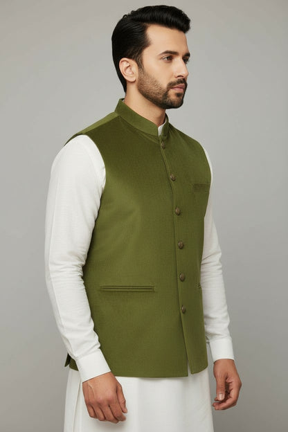 Men’s Olive Green Classic Nehru Jacket – Premium Festive & Wedding Wear