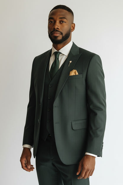 Men’s Forest Green Checkered 3-Piece Suit – Modern Textured Formalwear