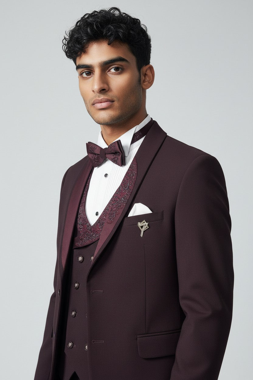 Men’s Maroon Embroidered 5-Piece Tuxedo Set – Luxury Wedding & Reception Suit