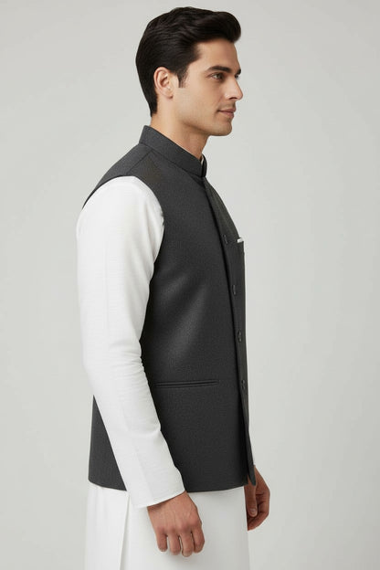 Men’s Charcoal Textured Nehru Jacket – Classic Formal Waistcoat