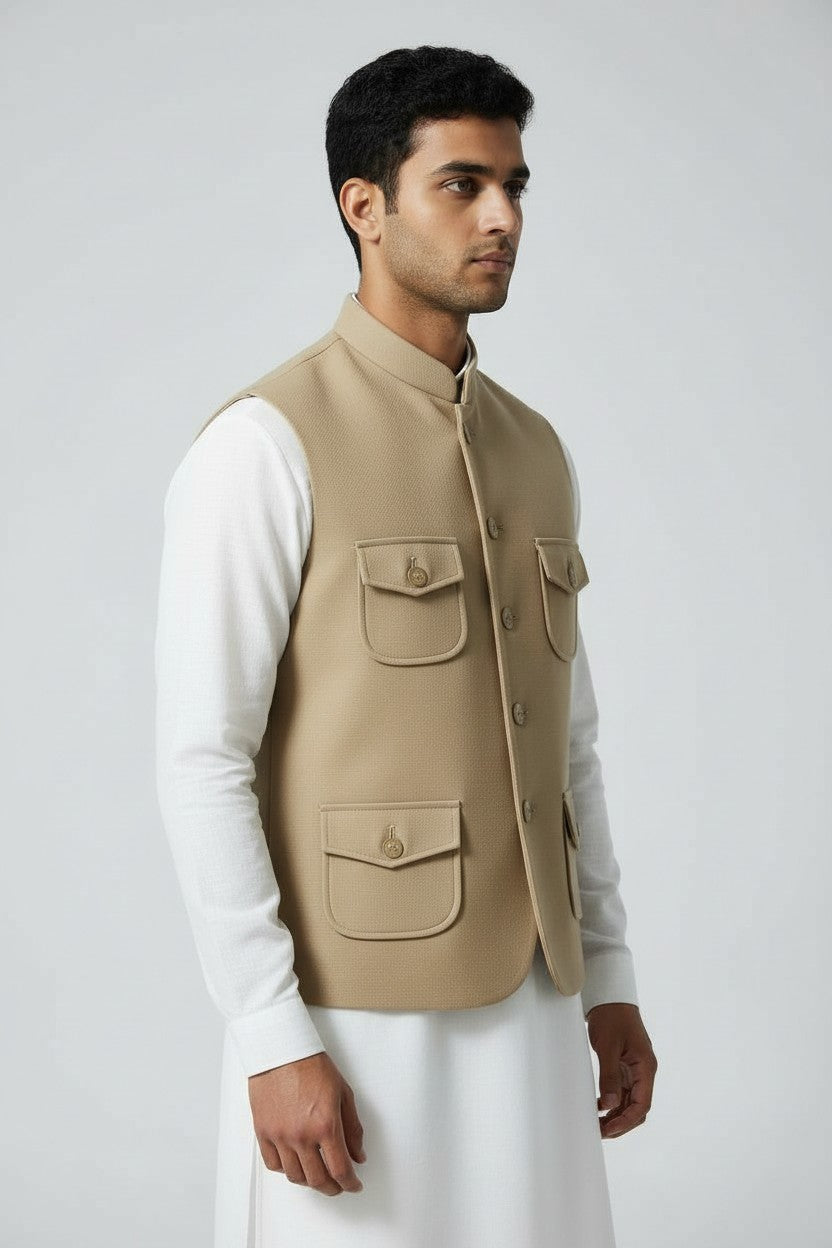 Men’s Beige Safari Pocket Nehru Jacket – Contemporary Indo-Western Layer