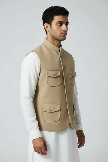 Men’s Beige Safari Pocket Nehru Jacket – Contemporary Indo-Western Layer