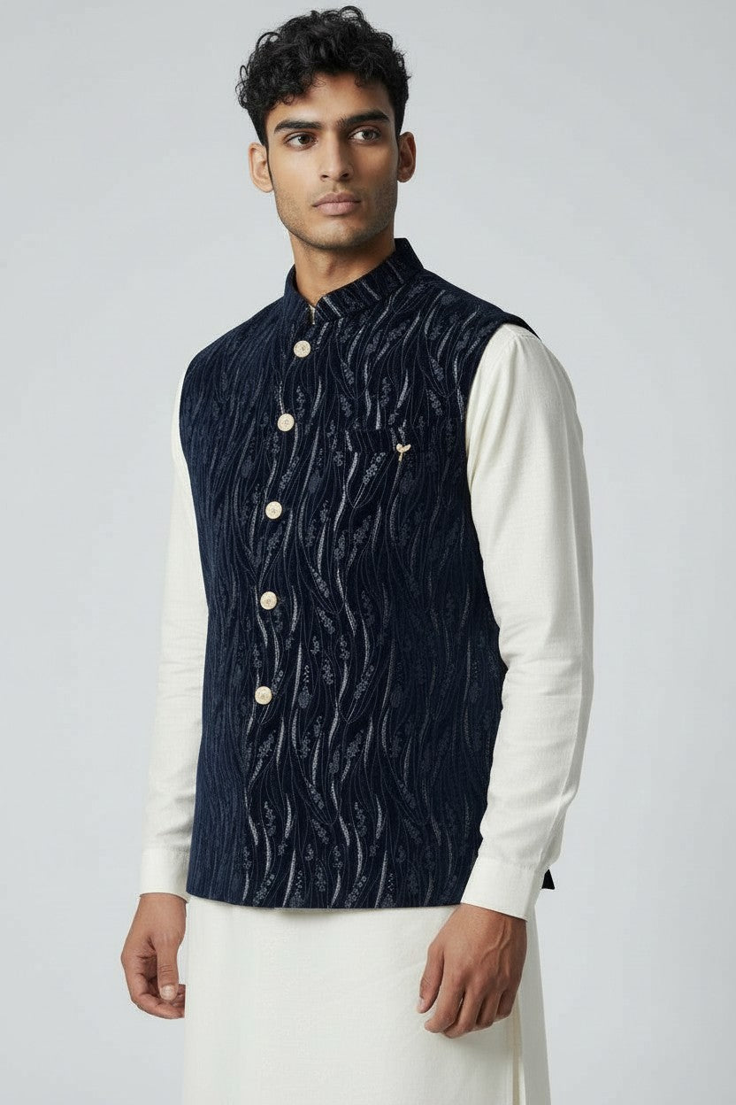 Men’s Navy Textured Embroidered Nehru Jacket – Luxe Festive & Wedding Wear