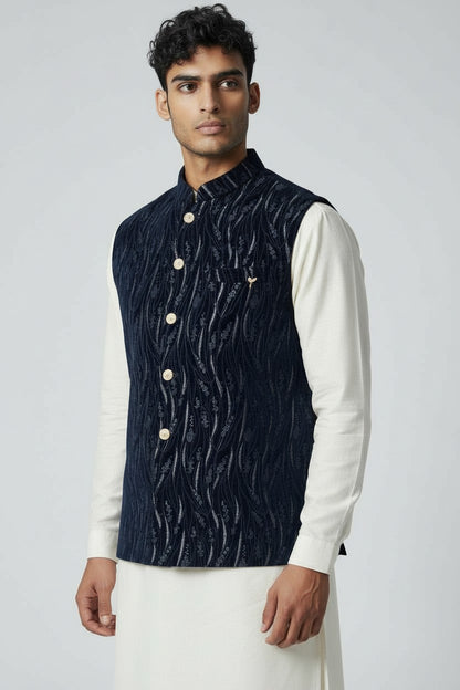 Men’s Navy Textured Embroidered Nehru Jacket – Luxe Festive & Wedding Wear