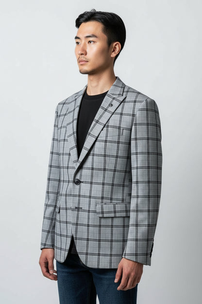 Men’s Light Grey Plaid Check Blazer – Modern Tailored Smart Casual