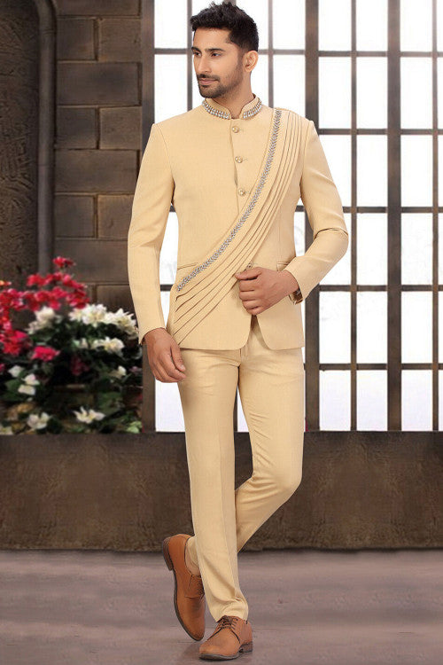 Silk Light Peach Embroidered Jodhpuri Style Men's Sherwani