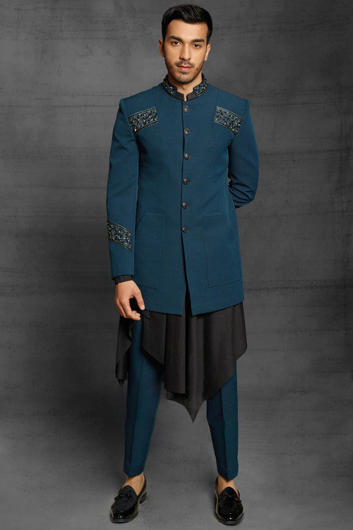 Teal Blue Embroidered Silk Indo-Western Men's Jodhpuri Sherwani