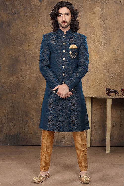 Teal Blue Jacquard Achkan Men Sherwani