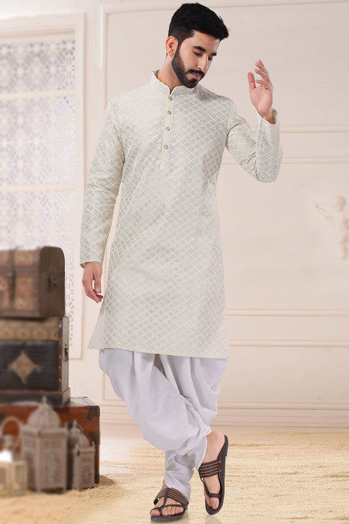 Thread Work Embroidered Silk Off White Men Kurta Pajama