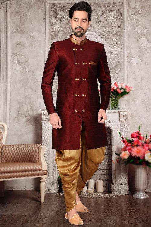 Traditional Maroon Dupion Silk Plain Men's Sherwani for Eid