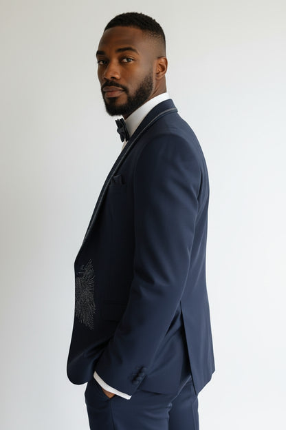 Navy Blue Luxury Peacock Embroidered 3-Piece Tuxedo Set