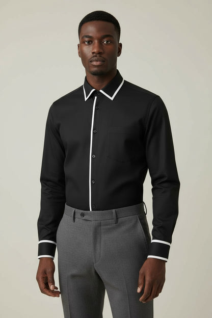 Men’s Black Dress Shirt with White Piping – Slim Fit Formal Shirt