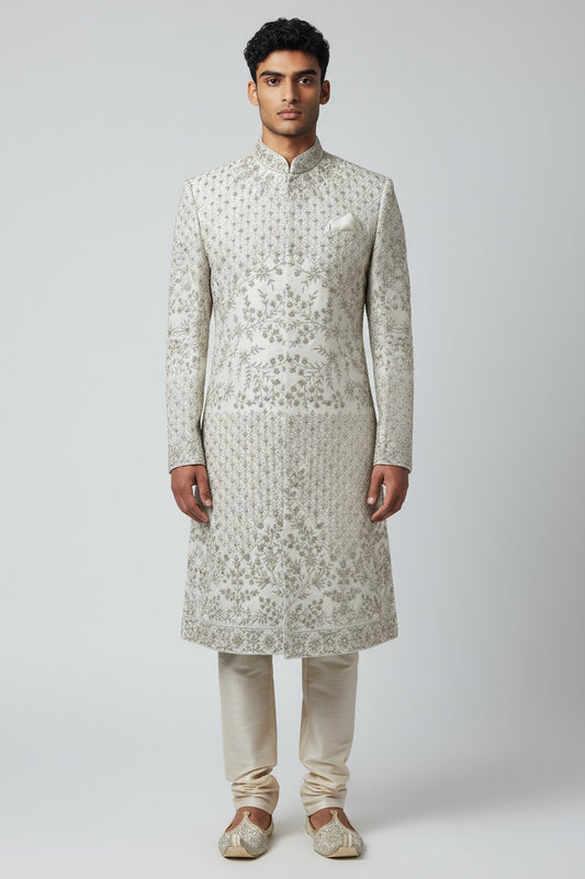 Ivory Floral Embroidered Sherwani for Men – Royal Handcrafted Wedding Wear