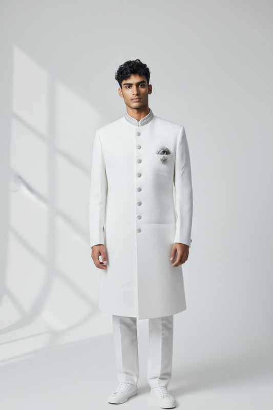 White Textured Sherwani for Men – Elegant Indo-Western Wedding Attire